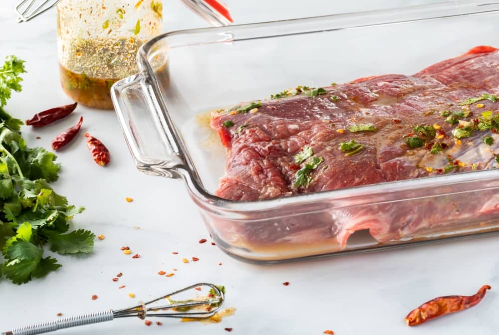 Because marinades are wet, they infuse food with flavor through soaking.