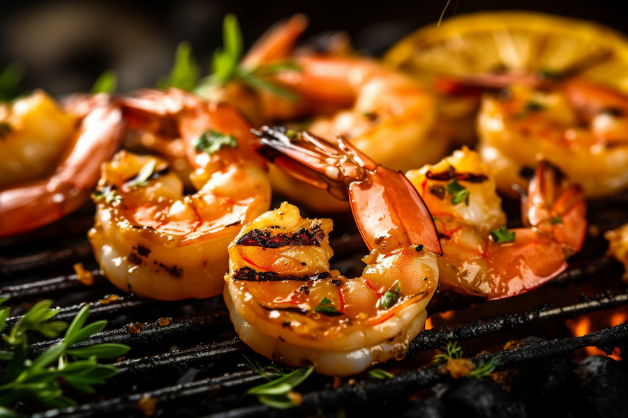Barbeque prawns on a grill