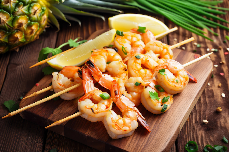 Skewered bbq prawns