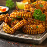 BBQ corn ribs on a plate with garnishing and dip.