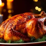 BBQ turkey on a plate with sliced lemon and Christmas decorations in the background