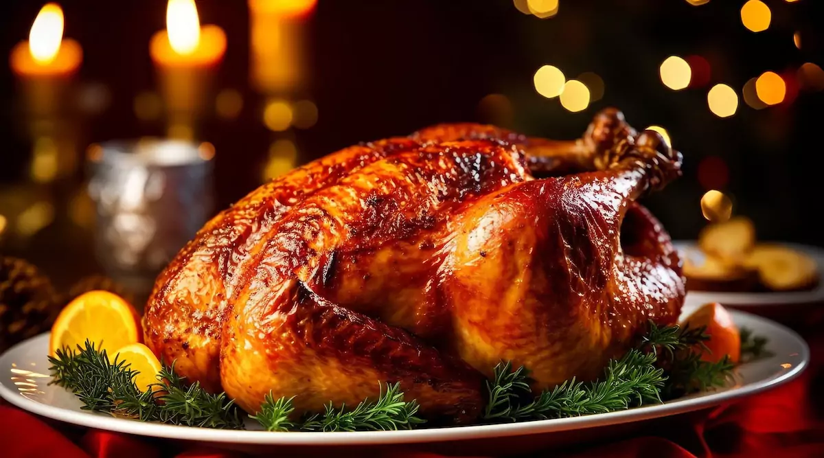 BBQ turkey on a plate with sliced lemon and Christmas decorations in the background