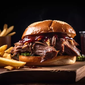 BBQ beef brisket burger on a cutting board