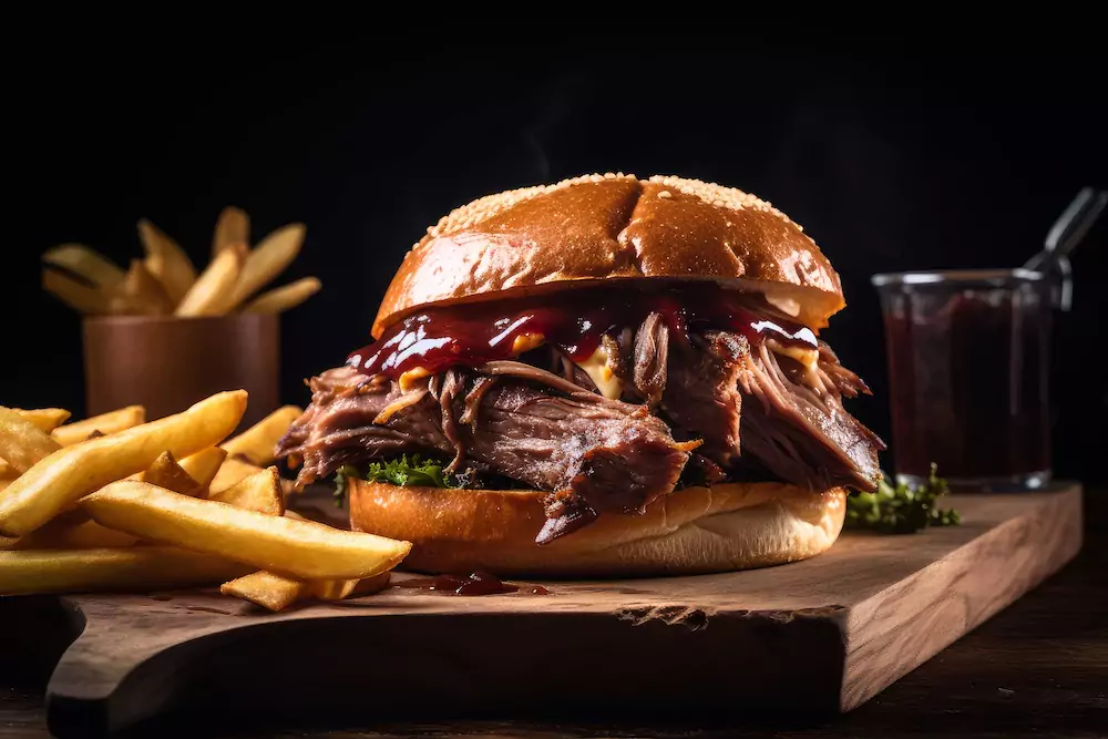 BBQ beef brisket burger on a cutting board